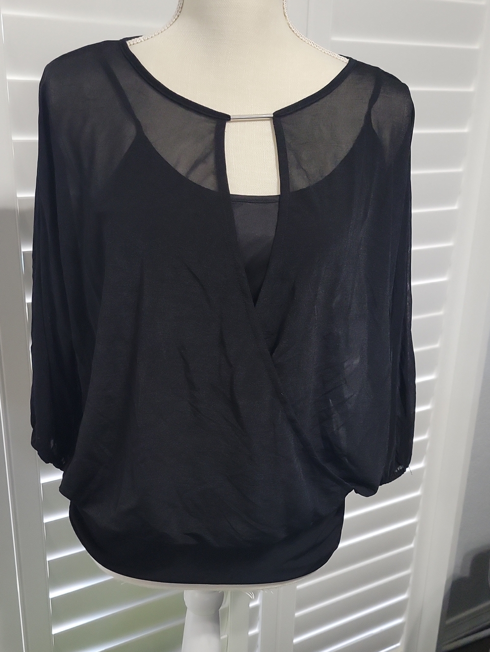 Jennifer Lopez Black Sheer-Keyhole Dolman Blouse